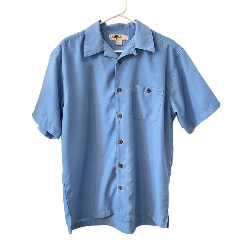 Joe Marlin Men's Hawaiian Shirt L Button Down Short Sleeve Solid Blue Cuban